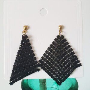 Black Metal Mesh Dangle Earrings - 80s fashion Grid Sequins Tassel Drop Earrings